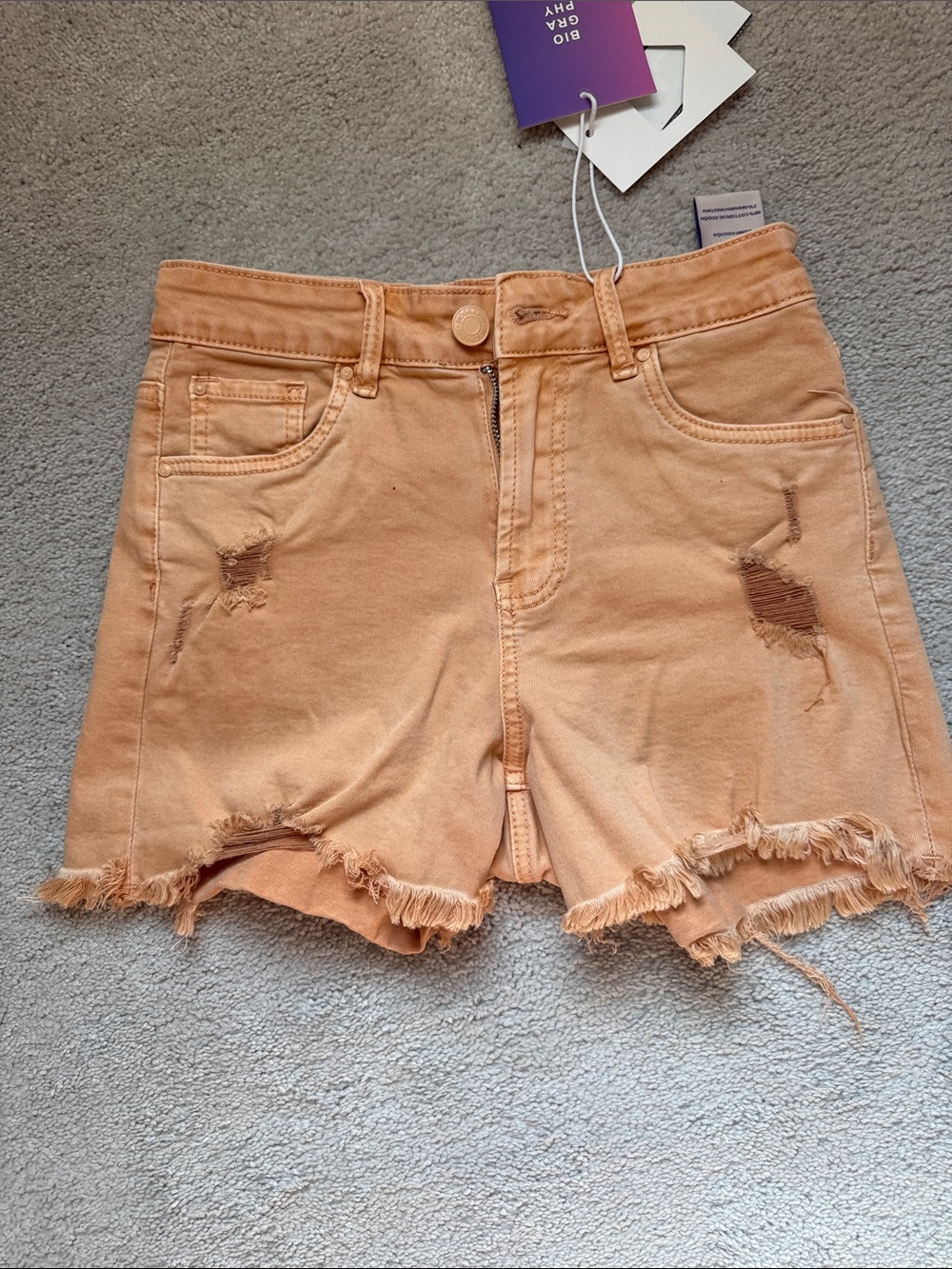 Frayed Distressed Orange Denim Shorts
